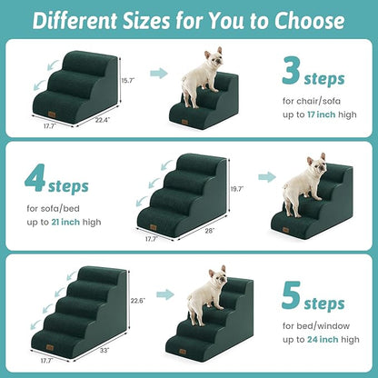 Wide Dog Stairs for Small Dog 15.7" H, Pet Step for Puppy, Older Cat, Curved Ramp for Couch, Durable Anti-Slip Ladder with High Density Foam, 3 Step, 17.7x22.4x15.7 inch, Dark Green