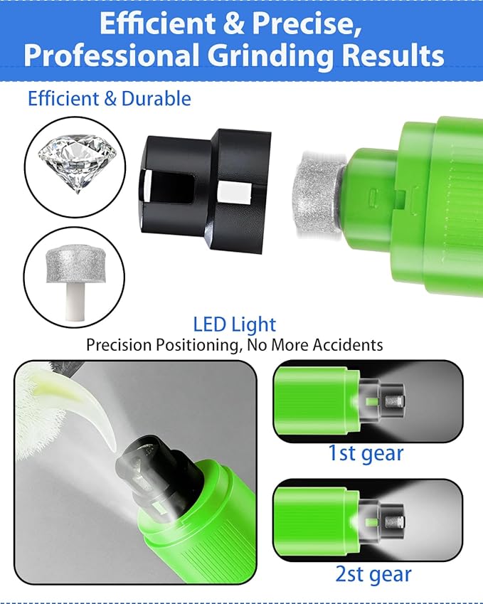 Electric Dog Nail Grinder with 2 Level LED Lights, 2 Speed Super Quiet and Low Vibration Electric Cat Nail Grinder - Rechargeable Pet Nail Grinder for Small Dogs Cats - Green