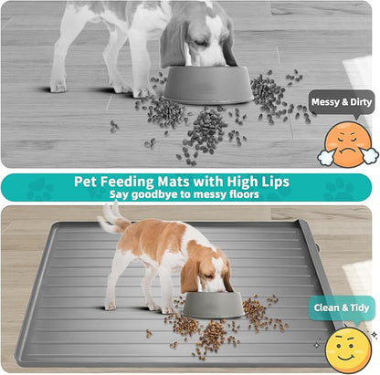 Dog Mat for Food and Water - 39.4" x 27" Large Pet Feeding Mats with Residue Collection Pocket - Waterproof Dog Cat Bowl Mat with High Edges to Prevent Water and Food Spills (Light Grey)