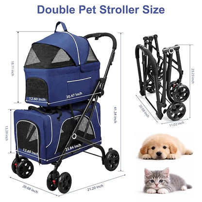 Petmolico Double Pet Stroller for 2 Cats/Dogs Strollers,2 Detachable Cat Carrier,No-Zip Double Pet Travel Storller for Small/Medium Dogs(Blue&Black)