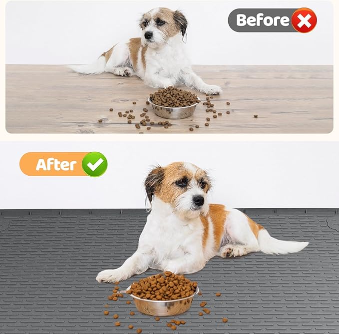 Dog Food Mat, Extra Large 34" x 22" Silicone Pet Feeding Mat with Raised Edge Pet Placemat for Small, Medium, and Large Pets Non-Slip, Easy to Clean (Dark Grey)