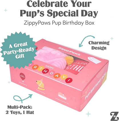 ZippyPaws Birthday Box - Dog Squeaky Toys to Keep Them Busy, Funny Food Plush for Small, Medium, & Large Dogs, Cute Stuffed Puppy Toy & Hat, Pet Products, Gift for Dogs of All Breeds - 3-Pack, Pink