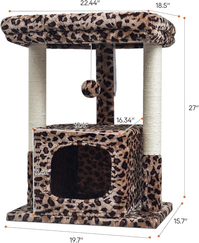 SYANDLVY 27" Cat Tree for Indoor Cats, Activity Tower with Scratching Posts, Modern Kitten Condo with Plush Perch & Hanging Ball for Play, Leopard Print