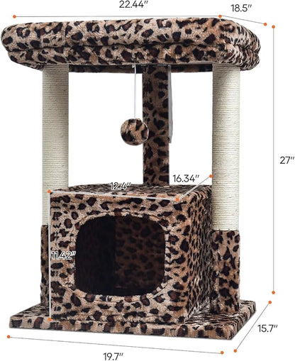 SYANDLVY 27" Cat Tree for Indoor Cats, Activity Tower with Scratching Posts, Modern Kitten Condo with Plush Perch & Hanging Ball for Play, Leopard Print