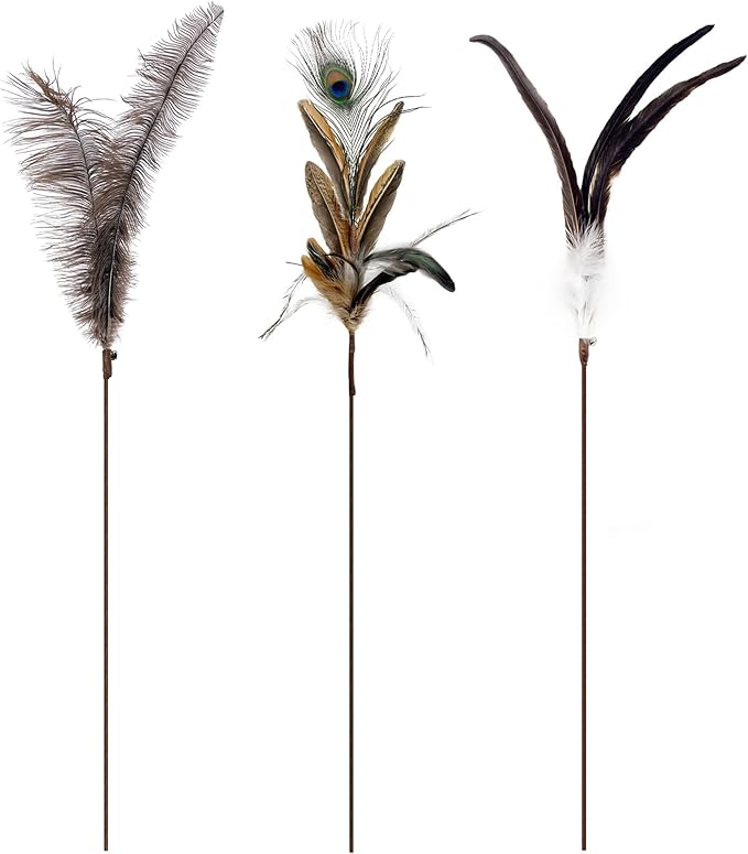 TTcat Cat Wand Toys Natural Huge Feather Stick Toys,3 Pcs Extra Long Teaser Sticks with Different Feathers (Ostrich, Peacock, Chicken),Interactive Toys for Indoor Cat and Kitten.