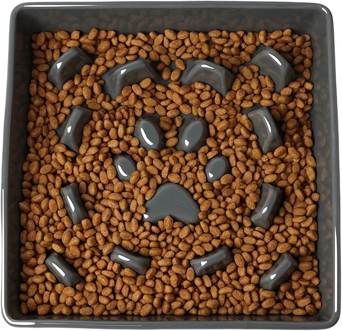 GDCZ Dog Slow Feeder Bowls, Square Ceramic Pet Food Bowl for Medium Breed, Fun Dog Bowls to Slow Down Eating (Grey, M-1.8 Cups)