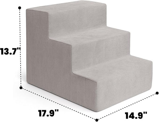 MEWANG Dog Stairs for Small & Medium Dogs and Old Cats –3/4/ 5 Steps High-Density Foam Pet Ramp for Bed & Couch, Non-Slip, Washable Cover, Grey (Square Corner, 3 Steps: 17.95''×14.96''×13.70'')