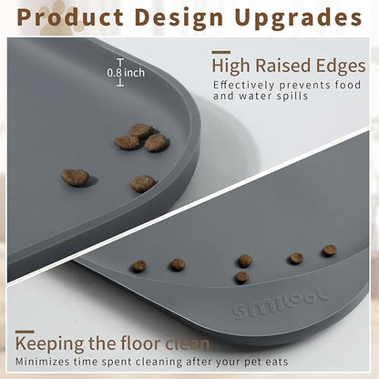 Silicone Pet Food Mat with Raised Edge for Food and Water Bowl, Dog Feeding Mats, Cat Food Trays for Floor Waterproof, Rubber Tray for Dogs and Cats, 24 x 16 x 0.8 Dark Gray