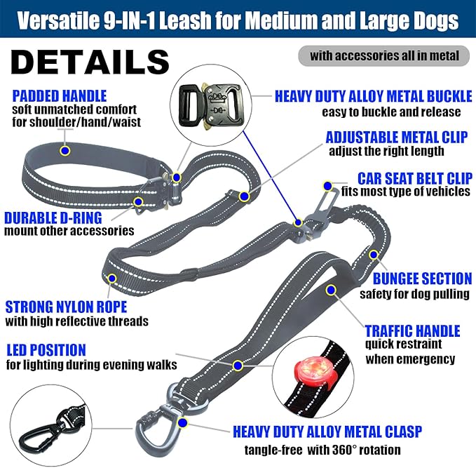 Heavy Duty No-Pull Dog Leash, 9.5ft Hands-Free Waist & Crossbody Bungee Leash with Adjustable Belt, Detachable Car Seat Belt & Reflective Strip for Large Medium Dogs, Black