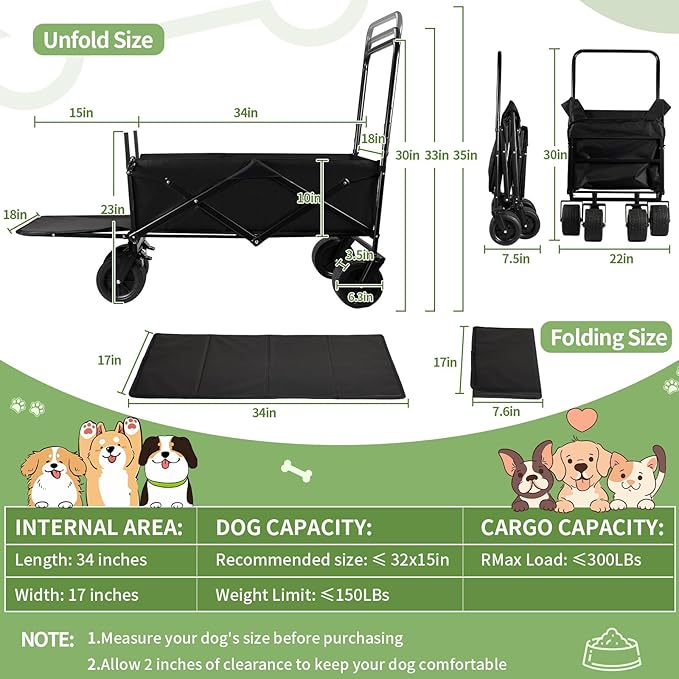 Dog Stroller for Large Dogs,Pet Stroller for Medium Dogs Up to 150lbs,Folding Dog Wagon Cart,Heavy Duty All-Terrain with Adjustable Handle,Storage Organizer,Waterproof Oxford Fiber,Black