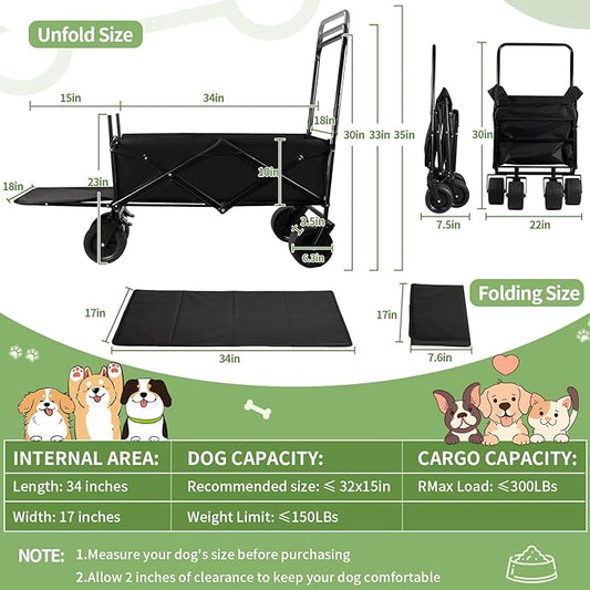 Dog Stroller for Large Dogs,Pet Stroller for Medium Dogs Up to 150lbs,Folding Dog Wagon Cart,Heavy Duty All-Terrain with Adjustable Handle,Storage Organizer,Waterproof Oxford Fiber,Black