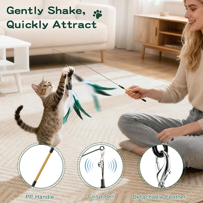 Pawaboo Feather Teaser Cat Toy, Interactive Feather Wand Cat Toy Flying Feather Cat Catcher with Extra Long 34.5" Wand and Small Bell, Fun Exerciser Playing Toy for Kitten or cat, White & Green