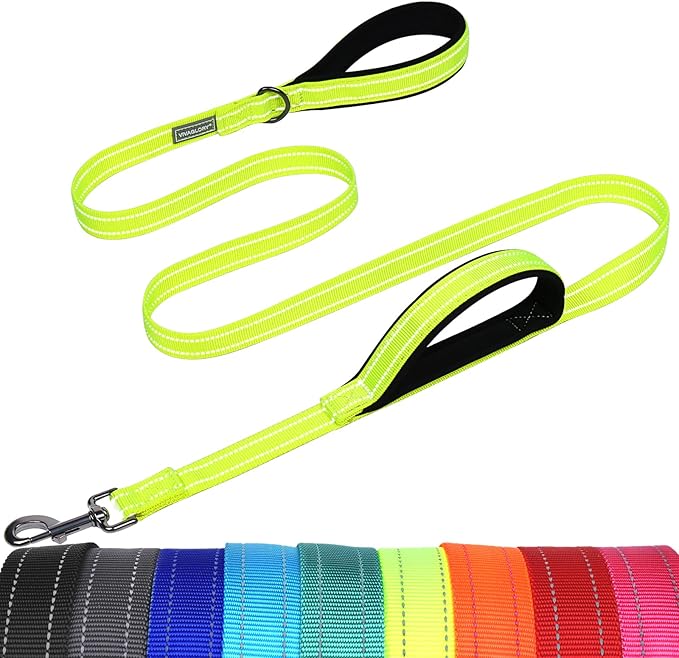 VIVAGLORY Dog Leash Twingrip Double Handle Dog Leash with Traffic Handle Control & 2 Loop for Walking & Training, Reflective Heavy Duty for Puppy Pet Collar, 6ft x 1in, Bright Yellow