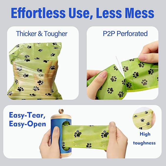 Dog Poop Bag Dispenser, Upgraded Aluminum Poop Bag Holders for Leashes, Durable Leakproof Pet Waste Holder w/Carabiner Clip, 2 Rolls Waste Bags Included, Outdoor Dog Walking Travel (Blue)