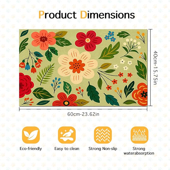 Non Slip Pet Feeding Mat with Floral Design for Dogs and Cats Food Water Bowl Placemat Easy Clean Pet Food Mat for Kitchen Dining Area Home Decor 24 x 16 Inch Absorbent Cat Water Bowl Mat