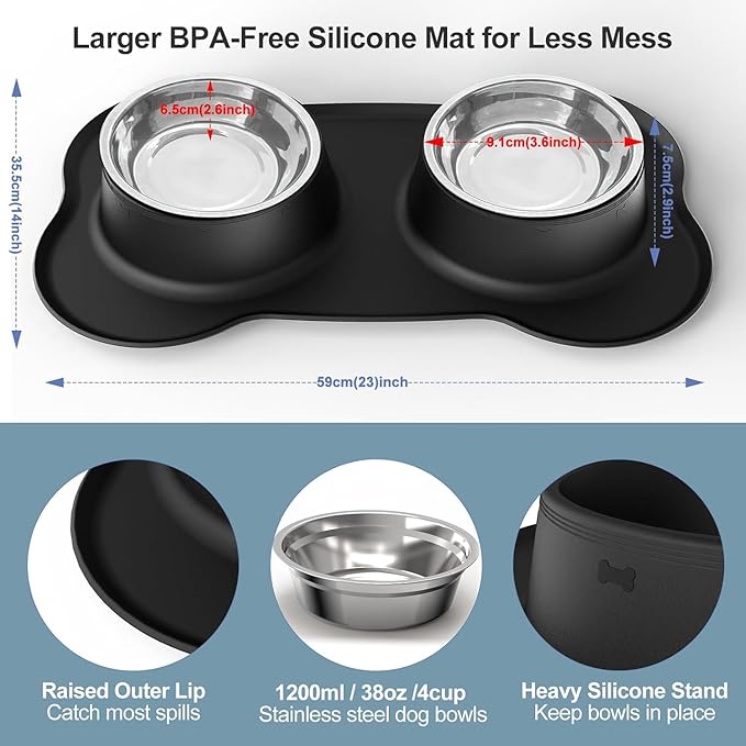 Pet Deluxe Dog Bowls Stainless Steel Dog Food Water Bowl Set with Stand, Feeding Bowls No Spill Non-Skid Silicone Mat, Dog Dishes for Small Medium Large Size Dog Puppy Pet Food Bowls, Black, 4 Cup