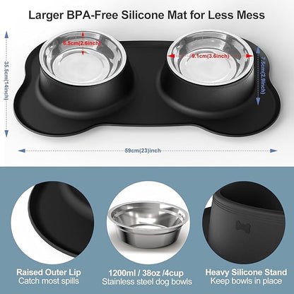 Pet Deluxe Dog Bowls Stainless Steel Dog Food Water Bowl Set with Stand, Feeding Bowls No Spill Non-Skid Silicone Mat, Dog Dishes for Small Medium Large Size Dog Puppy Pet Food Bowls, Black, 4 Cup