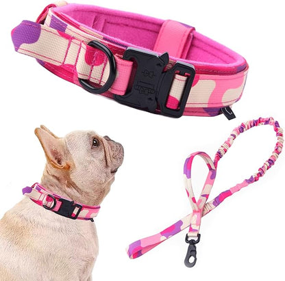 Xqpetlihai Tactical Dog Collar and Leash Set Adjustable Military Nylon Dog Collar with Control Handle and Heavy Duty Metal Buckle for Large Dogs（Pink Camo S