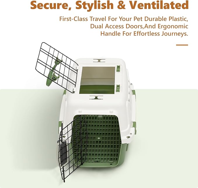 Athena Collection 18" Hard-Sided Travel Pet Carrier for Small Dogs and Cats, Plastic Dog Carriers with 2-Door Top & Front Load, Ventilation, Security Lock, Cat Dog Carrier for Pet, up to 10lbs, Green