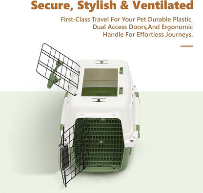 Athena Collection 18" Hard-Sided Travel Pet Carrier for Small Dogs and Cats, Plastic Dog Carriers with 2-Door Top & Front Load, Ventilation, Security Lock, Cat Dog Carrier for Pet, up to 10lbs, Green