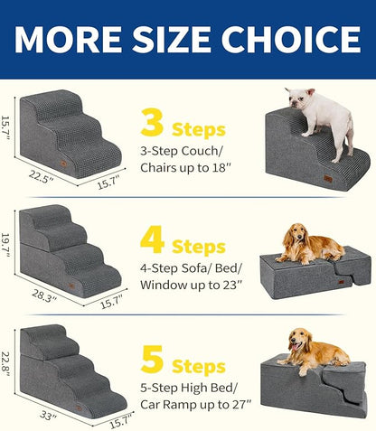 Dog Stairs for Small Dogs, 15.7" H Dog Steps for Bed 35D Strong Support Foam Stairs for High Bed or Couch Sofa Non-Slip Balanced Pet Steps Indoor, Grey
