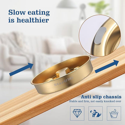 Golden Stainless Steel Slow Feeder Dog Bowls – Non-Slip Metal Dog Bowl for Large & Medium Breeds, Puppy Puzzle Feeder – 2 Cup Capacity for Small to Big Pets – Durable Slow Feed Dog & Cat Food Dish
