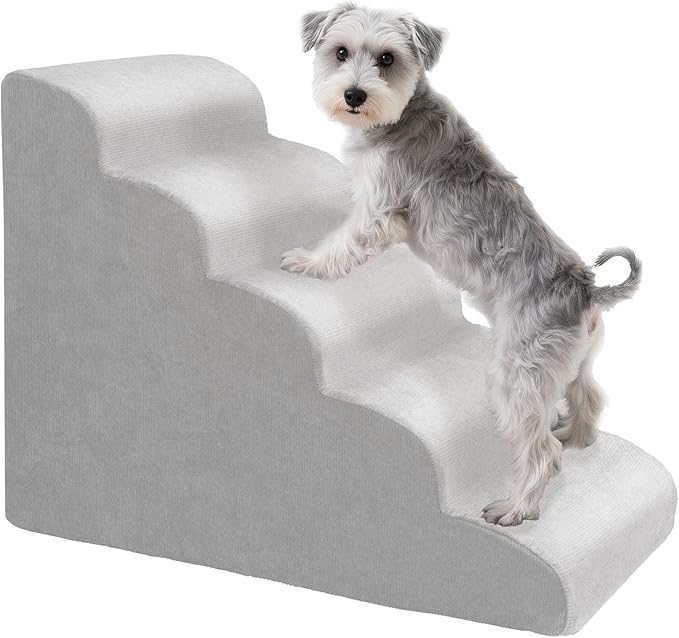 MEWANG 22.83''H Dog Stairs for Small & Medium Dogs and Old Cats – 5 Steps High-Density Foam Pet Ramp for Bed & Couch, Non-Slip, Washable Cover, Grey (Round Corner, 29.92''L×15.75''W×22.83''H)