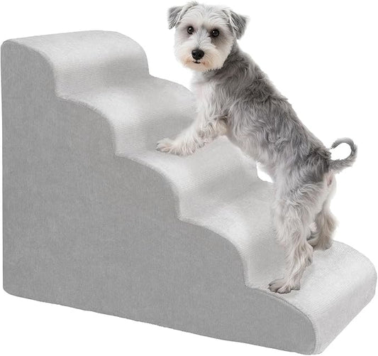MEWANG 22.83''H Dog Stairs for Small & Medium Dogs and Old Cats – 5 Steps High-Density Foam Pet Ramp for Bed & Couch, Non-Slip, Washable Cover, Grey (Round Corner, 29.92''L×15.75''W×22.83''H)