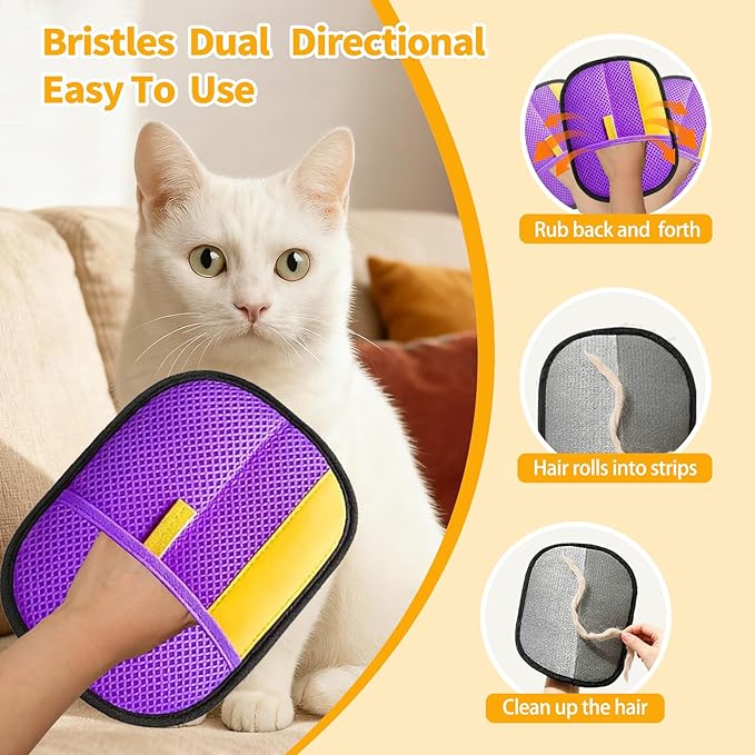 Pet Hair Removal Glove - Electrostatic Reusable Magic Brush Glove for Dog & Cat Hair Remover Glove on Sofa, Car Seats, Clothes & Bedding(Purple)