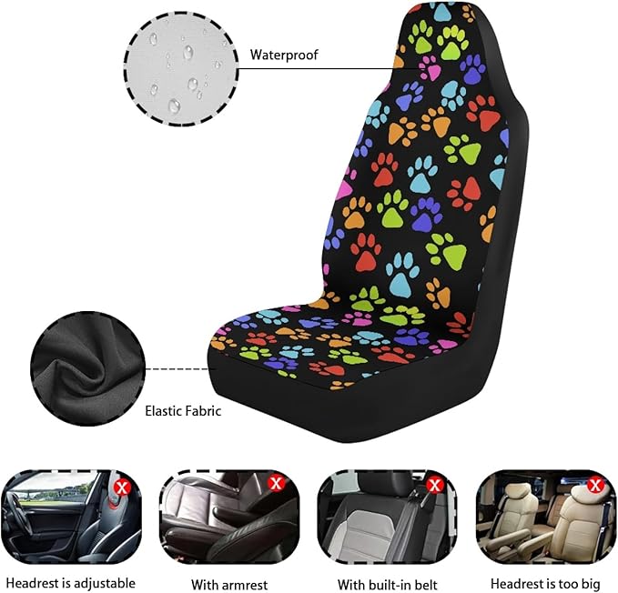 Colorful Paw Print Car Seat Covers Set of 2 Cute Waterproof Front Seat Covers Stretch Polyester Fabric Automobile Accessory Universal Fit for Truck Van SUV