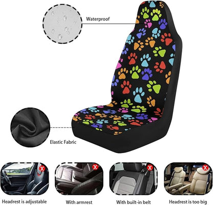 Colorful Paw Print Car Seat Covers Set of 2 Cute Waterproof Front Seat Covers Stretch Polyester Fabric Automobile Accessory Universal Fit for Truck Van SUV