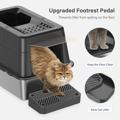 Stainless Steel Litter Box with Lid, XL Extra Large Enclosed Cat Litter Box Fits All Cats Modular Design with Flip Cover, Top Entry Metal High Sided Cat Box & Pedal & Scoop (Black)