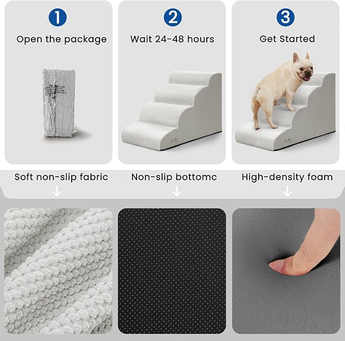 Dog Steps for Bed, 4 Step Pet Stairs for Small and Medium Dogs, Non-Slip Dog Ramp with Washable Cover, High-Density Support Foam for Easy Climbing,Light Grey