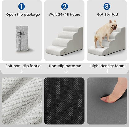 Dog Steps for Bed, 4 Step Pet Stairs for Small and Medium Dogs, Non-Slip Dog Ramp with Washable Cover, High-Density Support Foam for Easy Climbing,Light Grey