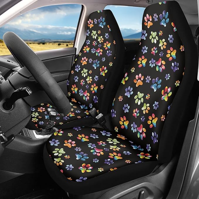 Tie Dye Dog Paws Print Car Seat Covers for Front Seats Only,Universal Bucket Seats Protector Fit for Car,SUV Sedan,Truck