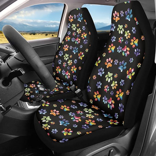Tie Dye Dog Paws Print Car Seat Covers for Front Seats Only,Universal Bucket Seats Protector Fit for Car,SUV Sedan,Truck