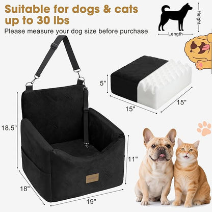 JOEJOY Dog Car Seats for Small Medium Dogs Under 35lbs, Dog Booster Seat with Detachable Washable Cover and Cushion, Memory Foam Pet Car Seat with Safety Belt and Storage Pockets (Black)