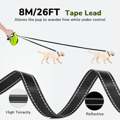 Pecute 26ft Retractable Dog Leash with Reflective Strips, 360° Tangle-Free, One-Button Control & Sturdiness Nylon Material, Long Leash Retractable with Poop Bag Holder for Medium Large Dog