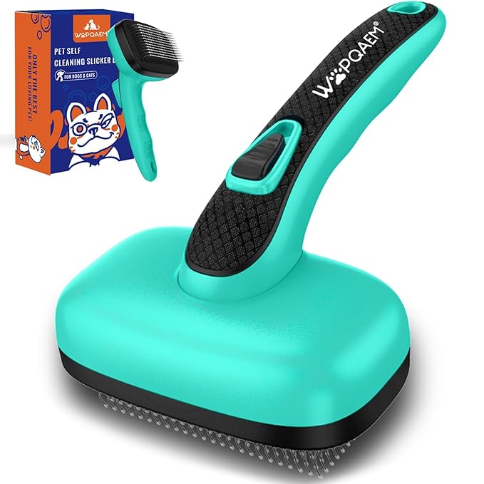 Self Cleaning Slicker Brush for Dog, Skin Friendly Shedding & Grooming Tool for Long and Short Haired Dogs and Cats, Easy Clean Retractable Bristles, Green