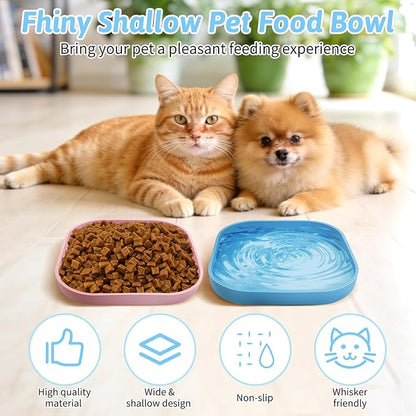 Fhiny 2PCS Silicone Cat Bowls Set 5.9 x 5.9 in Shallow Dog Dish Whisker Friendly Cat Food Plate for Dry & Wet Food Dishwasher Safe Non-Slip Pet Feeding Bowls for Kittens and Puppies (Blue+Pink)