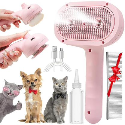 Pet Steam Brush for Cat & Dog, 2-Hole Double Spray, 3-in-1 Cat Steam Brush,Pet Spray Comb with Shedding Massaging Grooming Self-Cleaning Release Button for Long & Short Haired Pets(Pink)