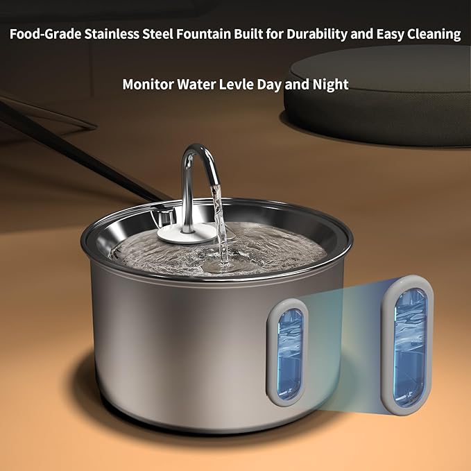 Cat Water Fountain Stainless Steel,3 L/ 101 oz Pet Water Fountain with 5-Stage Circulating Filtration System,Cat Fountain with Quiet Pump for Cats, Dogs (4 Filters + 4 Sponges)
