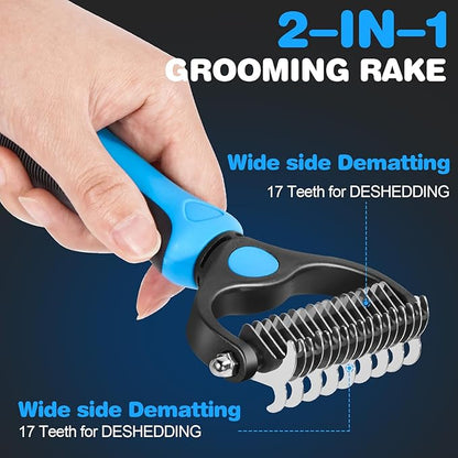 2-in-1 Pet Grooming Kit-Double-Sided Dematting Comb & Flea Comb for Detangling Matted Fur on Dogs/Cats/Rabbits-Effective Cat Brush & Dog Brush for Shedding（Blue