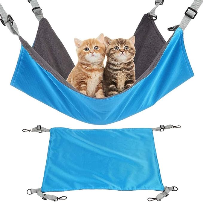Adjustable Cage Hanging Cat Hammock, 4-Season 2-Sided Bed, Adjustable Waterproof Washable Cooling Mat for Large Kittens,Small Dogs & Rabbits (Blue)