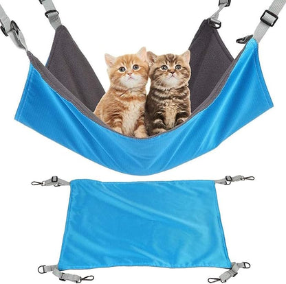 Adjustable Cage Hanging Cat Hammock, 4-Season 2-Sided Bed, Adjustable Waterproof Washable Cooling Mat for Large Kittens,Small Dogs & Rabbits (Blue)