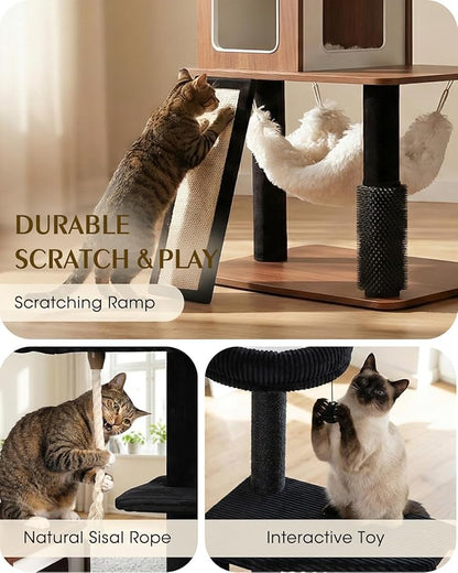61" Modern Cat Tree Tower for Indoor Cats, Luxury Climbing Tower with Plush Lounge, Kitty Condos, Hammock & Scratching Posts, Classic cat Furniture (Walnut)