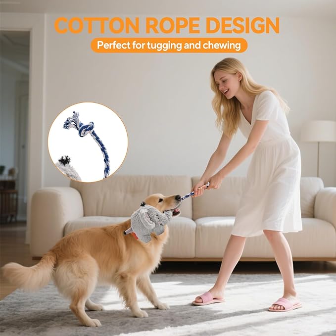 AUSCAT Plush Dog Rope Toy, Durable Squeaky Dog Toys for Puppy Small Medium Dogs (Not for Aggressive Chewers), Elephant