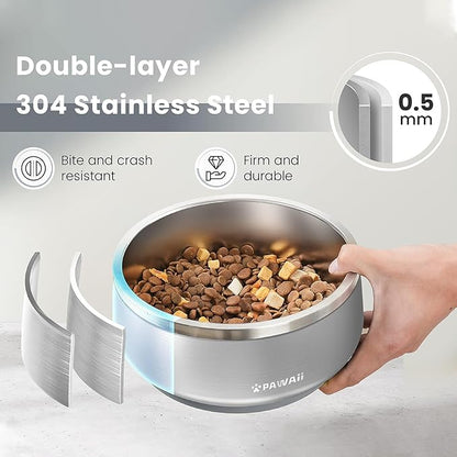 Pawaii Dog Bowl, 34 oz Double-Wall Stainless Steel Food and Water Bowl, Non-Slip Rubber Base, Dishwasher Safe, ID Tag Included, (1 Pack)