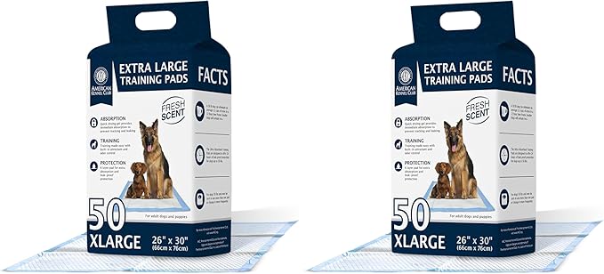 American Kennel Club Scented Puppy Pads –Large Size – 30x26 Ultra Absorbent 6-Layer Pee Pads with Odor Control & Quick-Dry Gel – Fresh Scent – 50 Count (Fresh Scented, 26x30) (Pack of 2)