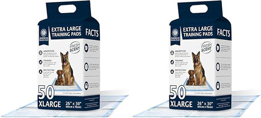 American Kennel Club Scented Puppy Pads –Large Size – 30x26 Ultra Absorbent 6-Layer Pee Pads with Odor Control & Quick-Dry Gel – Fresh Scent – 50 Count (Fresh Scented, 26x30) (Pack of 2)